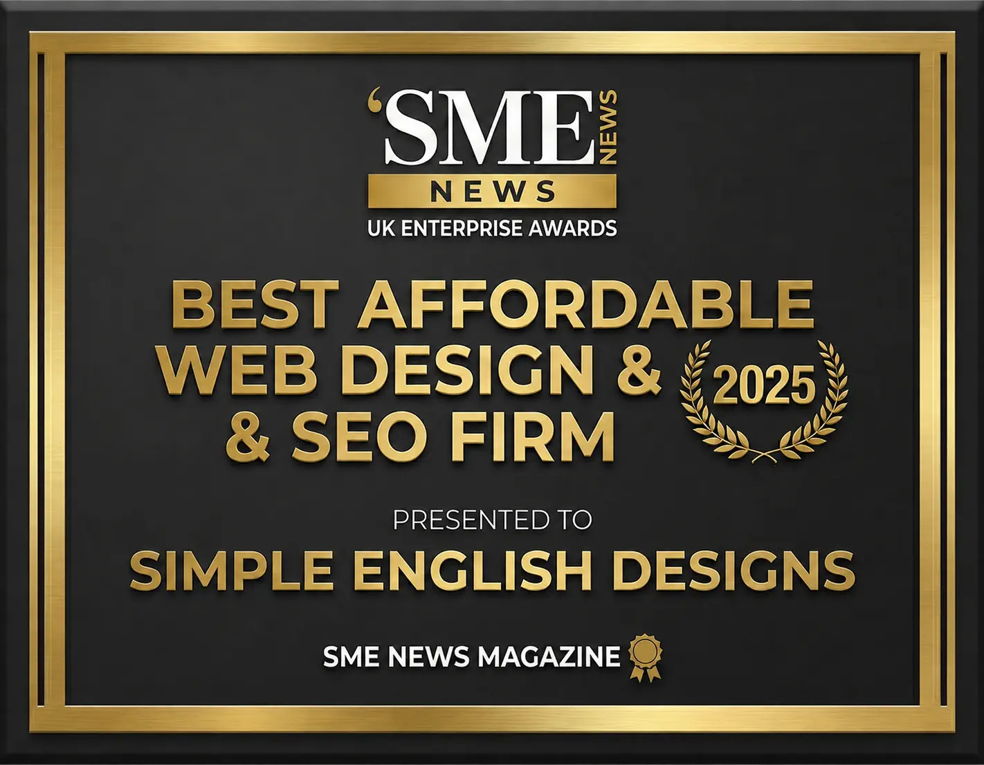 SME News UK Enterprise Awards plaque naming Simple English Designs Best Affordable Web Design and SEO Firm 2025