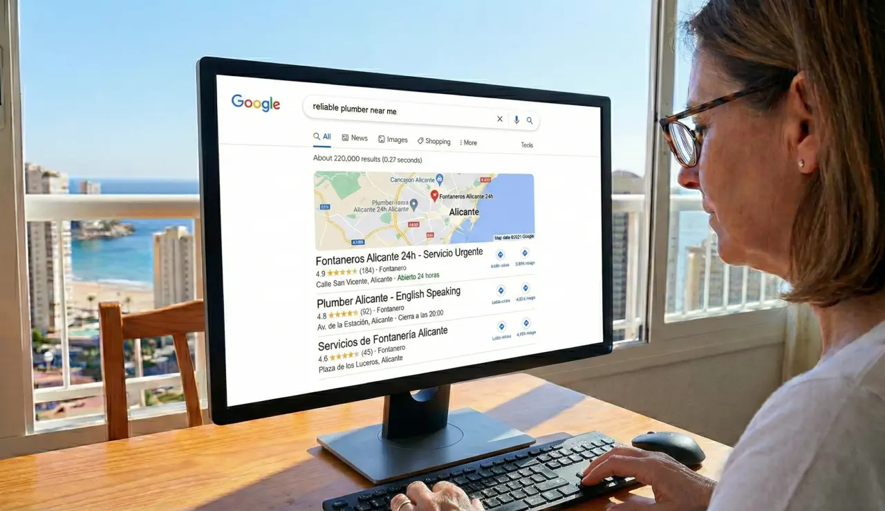 Local service search results on a computer in Spain