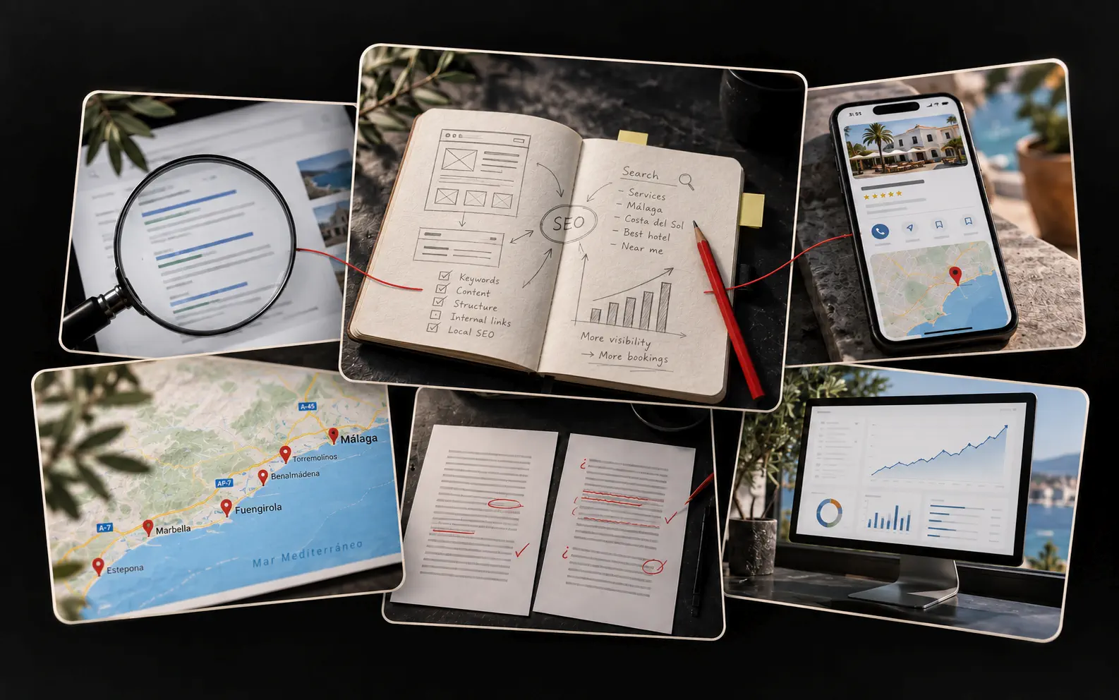 Collage representing website planning, local SEO, research and practical digital guidance for businesses in Spain